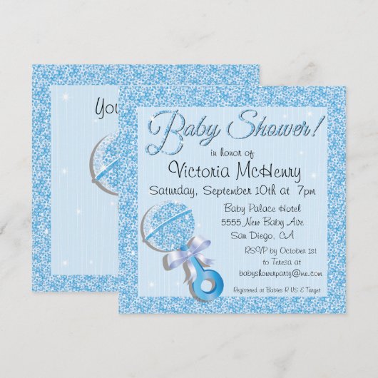 Glittering Sequin Blue Baby shower Invitation Kaart (Voorkant / Achterkant)