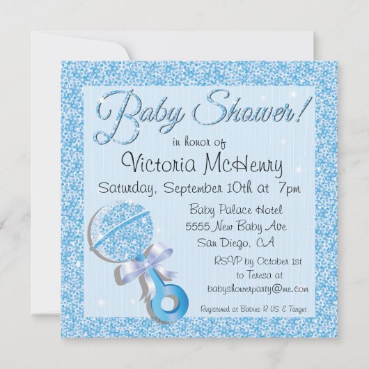 Glittering Sequin Blue Baby shower Invitation Kaart (Voorkant)