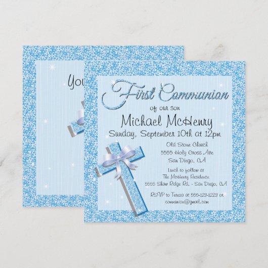 Glittering Sequin Blue First Community Invitation Kaart (Voorkant / Achterkant)
