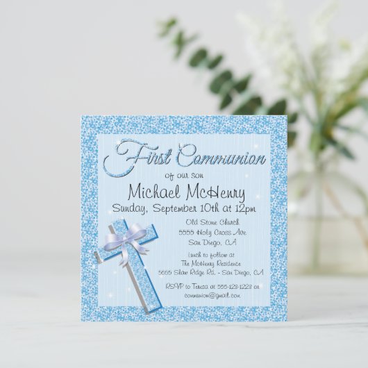 Glittering Sequin Blue First Community Invitation Kaart (Staand voorkant)