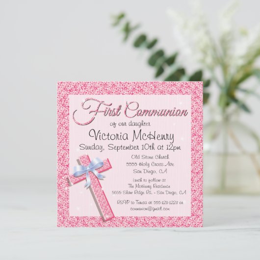 Glittering Sequin Pink Eerste Uitnodiging (Staand voorkant)