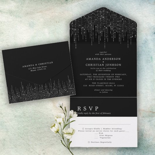 Glittering Silver Black en White Modern Wedding All In One Uitnodiging