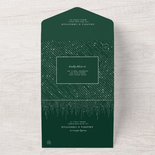 Glittering Silver Emerald Green Modern Wedding All In One Uitnodiging (Buitenkant)