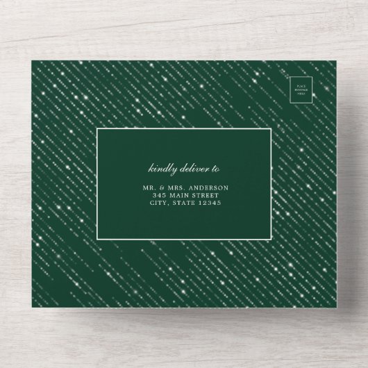 Glittering Silver Emerald Green Modern Wedding All In One Uitnodiging (Voorkant)