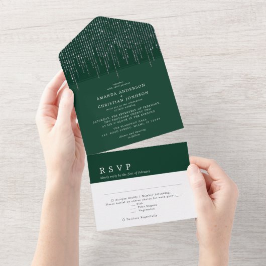 Glittering Silver Emerald Green Modern Wedding All In One Uitnodiging (Afscheurbaar)
