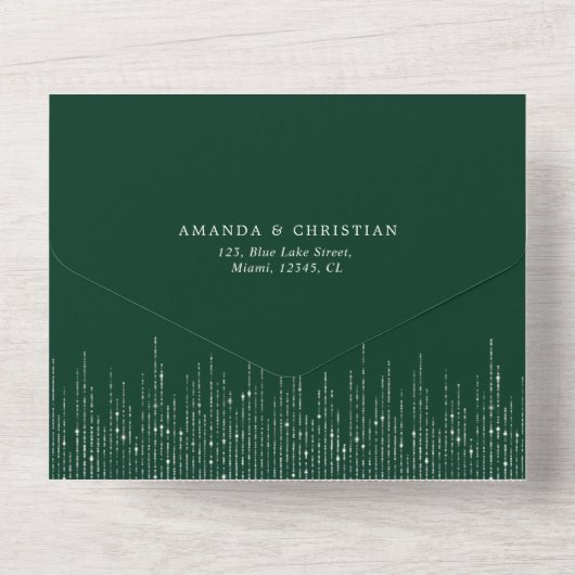 Glittering Silver Emerald Green Modern Wedding All In One Uitnodiging (Achterkant)