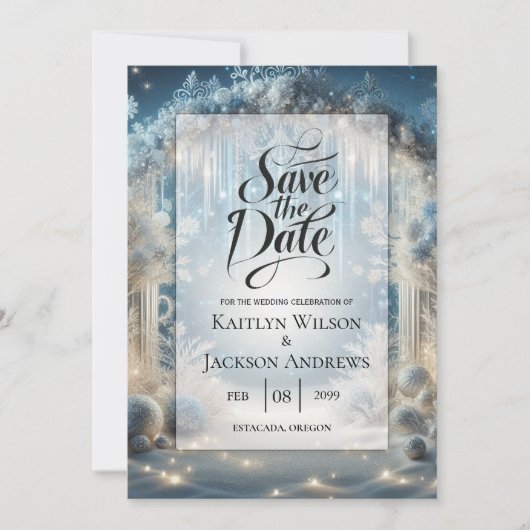 Glittering Snowy Forest Wedding Save The Date (Voorkant)