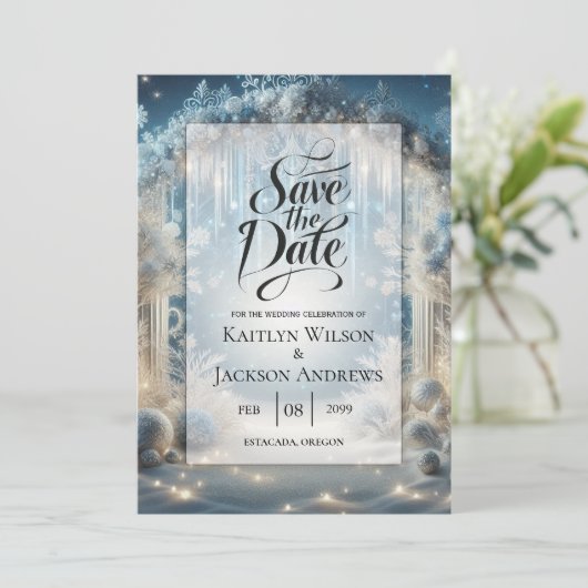 Glittering Snowy Forest Wedding Save The Date (Staand voorkant)