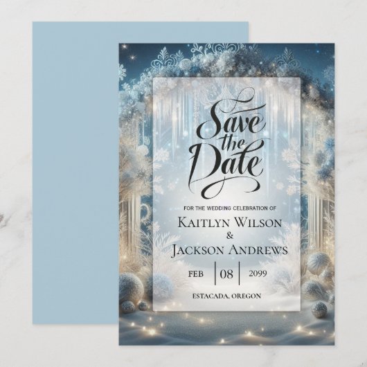 Glittering Snowy Forest Wedding Save The Date (Voorkant / Achterkant)