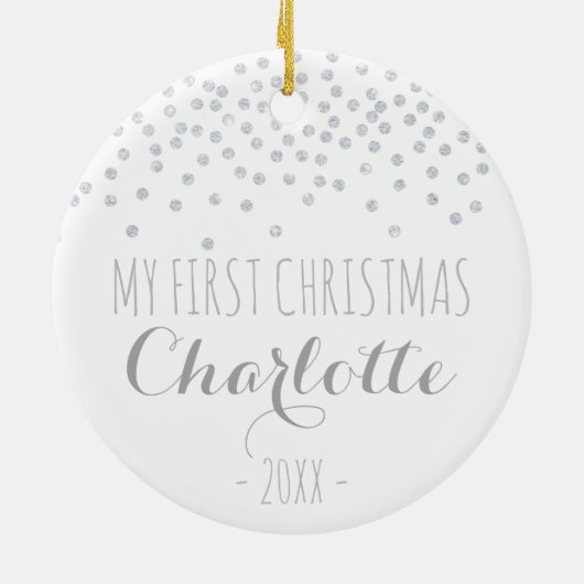 Glittering zilverconfetti | Mijn eerste kerstjaar Keramisch Ornament (Achterkant)