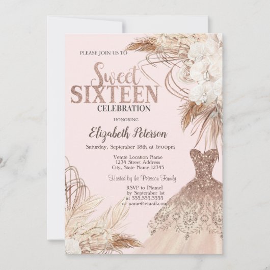 Glitterjurk, Pampasgras, Boho Bloemen Zoet 16 Kaart (Voorkant)