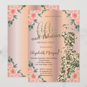 Glitterjurk, roze gouden bloemen 50e verjaardag kaart