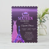 Glitterjurk, Tiara, Eiffeltoren Paarse Sweet 16 Kaart (Staand voorkant)