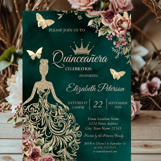 Glitterjurk, Vlinder Bloem Groen Quinceañera Kaart