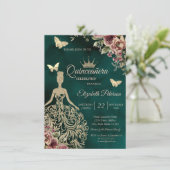 Glitterjurk, Vlinder Bloem Groen Quinceañera Kaart (Staand voorkant)