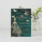 Glitterjurk, vlinder groene rozen Quinceañera Kaart (Staand voorkant)