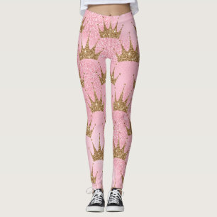 Glitterkronen met roze glitterachtergrond leggings
