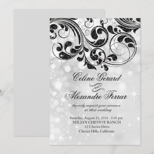 Glitterkrullen op namaak metaalachtige bokeh zilve kaart (Voorkant / Achterkant)