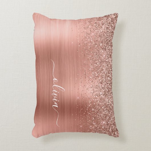 Glittermonogram geborsteld metaal Roos Gold Pink Accent Kussen (Voorkant(Verticaal))