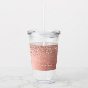 Glittermonogram geborsteld metaal Roos Gold Pink Acryl Drinkbeker