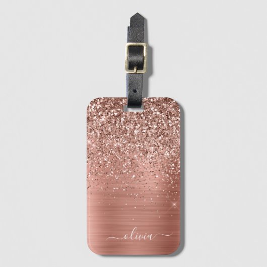 Glittermonogram geborsteld metaal Roos Gold Pink Bagagelabel (Voorkant (verticaal))