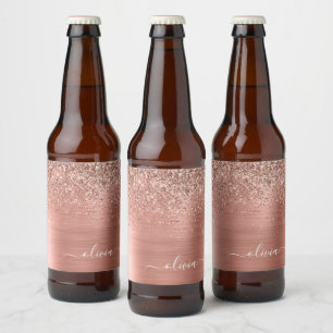 Glittermonogram geborsteld metaal Roos Gold Pink Bier Etiket