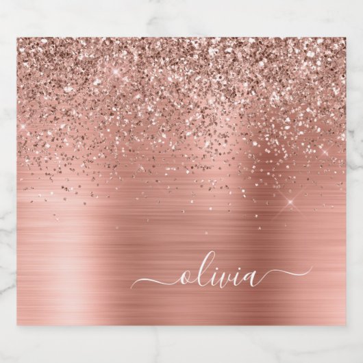 Glittermonogram geborsteld metaal Roos Gold Pink Bier Etiket (Enkel label)