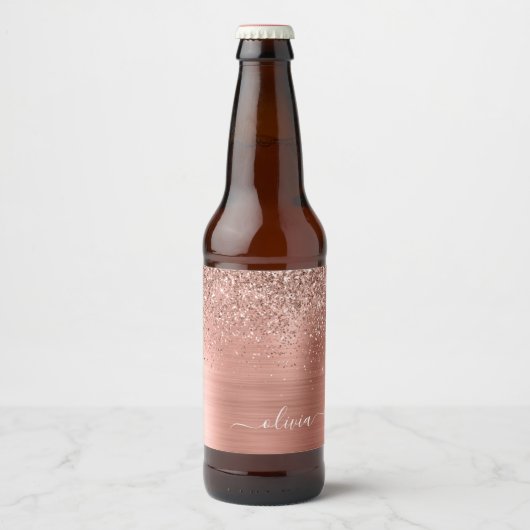 Glittermonogram geborsteld metaal Roos Gold Pink Bier Etiket (Voorkant)