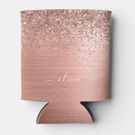 Glittermonogram geborsteld metaal Roos Gold Pink Blikjeskoeler (Voorkant)