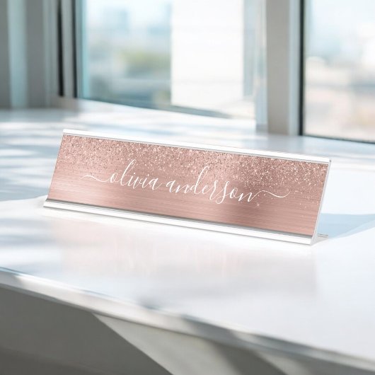 Glittermonogram geborsteld metaal Roos Gold Pink Bureau Naambordje