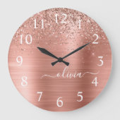 Glittermonogram geborsteld metaal Roos Gold Pink Grote Klok (Voorkant)