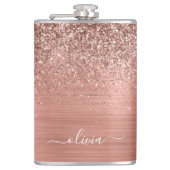 Glittermonogram geborsteld metaal Roos Gold Pink Heupfles (Voorkant)