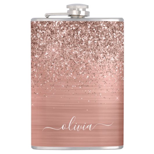 Glittermonogram geborsteld metaal Roos Gold Pink Heupfles (Voorkant)