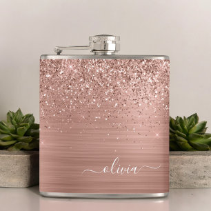Glittermonogram geborsteld metaal Roos Gold Pink Heupfles