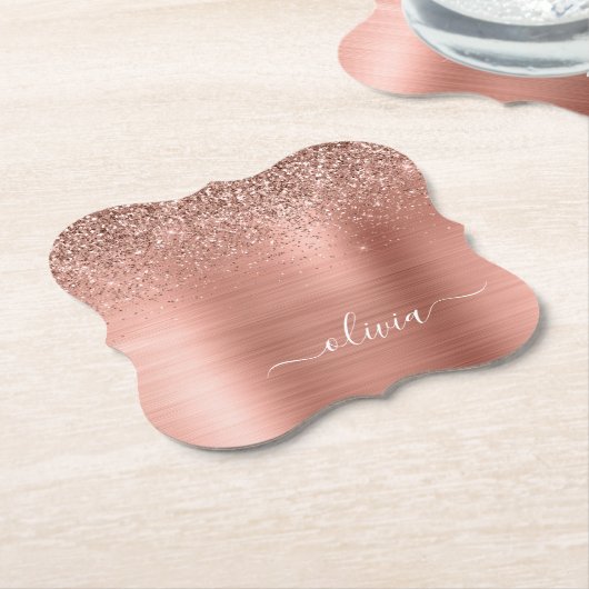 Glittermonogram geborsteld metaal Roos Gold Pink Kartonnen Onderzetters (Gekanteld)