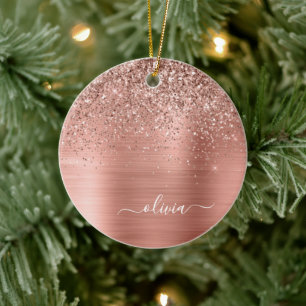 Glittermonogram geborsteld metaal Roos Gold Pink Keramisch Ornament
