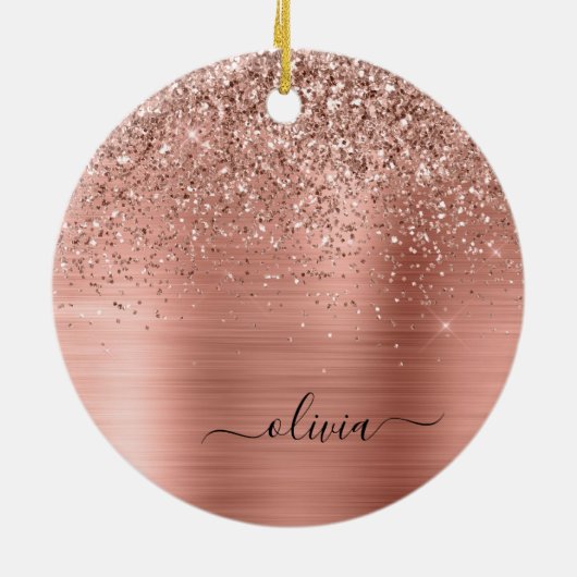 Glittermonogram geborsteld metaal Roos Gold Pink Keramisch Ornament (Achterkant)