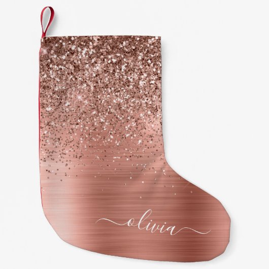 Glittermonogram geborsteld metaal Roos Gold Pink Kleine Kerstsok (Voorkant)