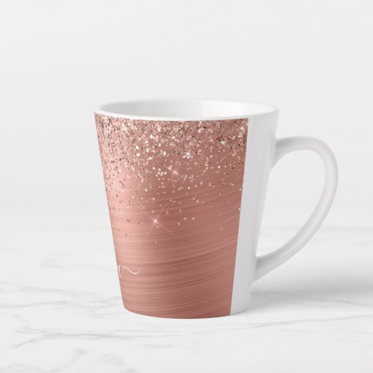 Glittermonogram geborsteld metaal Roos Gold Pink Latte Mok (Rechts)
