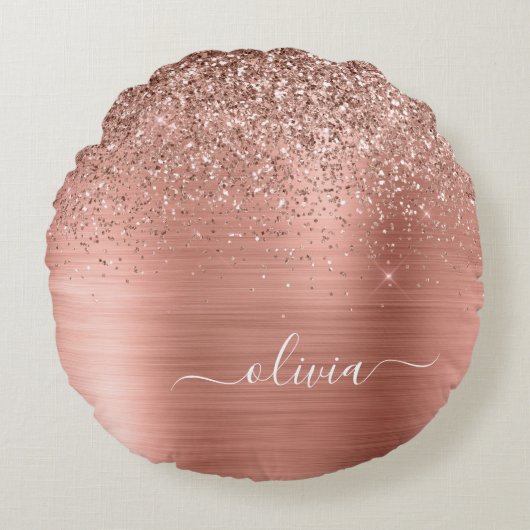 Glittermonogram geborsteld metaal Roos Gold Pink Rond Kussen (Voorkant)