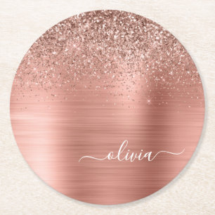 Glittermonogram geborsteld metaal Roos Gold Pink Ronde Kartonnen Onderzetter