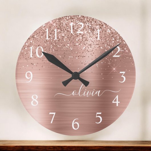 Glittermonogram geborsteld metaal Roos Gold Pink Ronde Klok