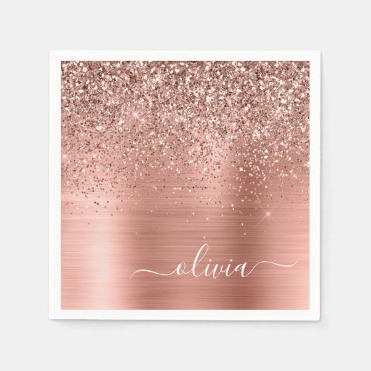 Glittermonogram geborsteld metaal Roos Gold Pink Servet (Voorkant)