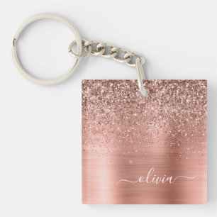 Glittermonogram geborsteld metaal Roos Gold Pink Sleutelhanger