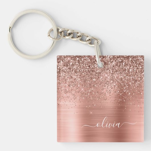 Glittermonogram geborsteld metaal Roos Gold Pink Sleutelhanger (voorkant)