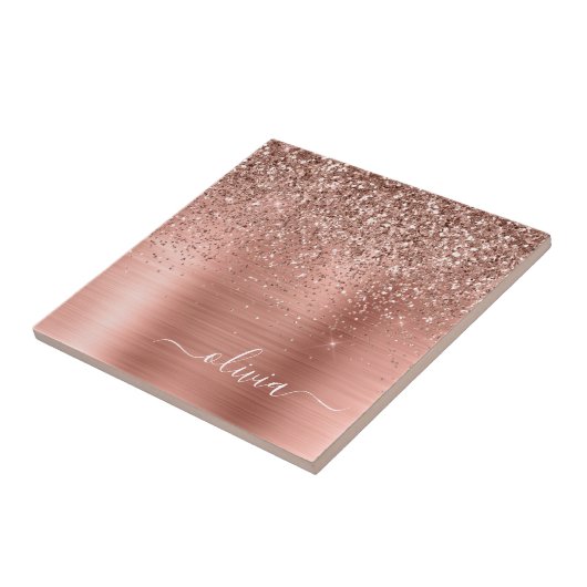 Glittermonogram geborsteld metaal Roos Gold Pink Tegeltje (Zijkant)