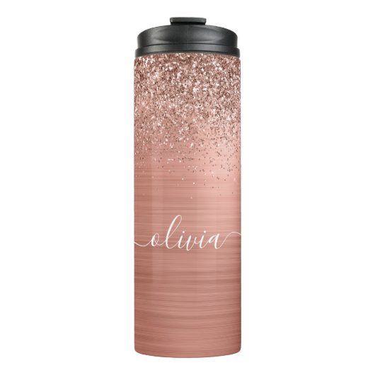Glittermonogram geborsteld metaal Roos Gold Pink Thermosbeker (Voorkant)