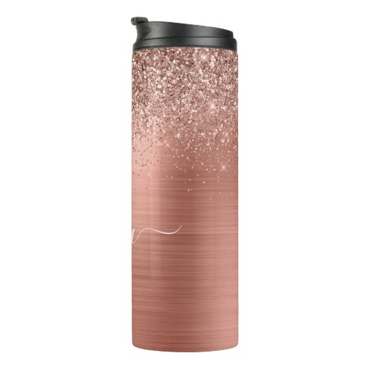 Glittermonogram geborsteld metaal Roos Gold Pink Thermosbeker (Geroteerd rechts)