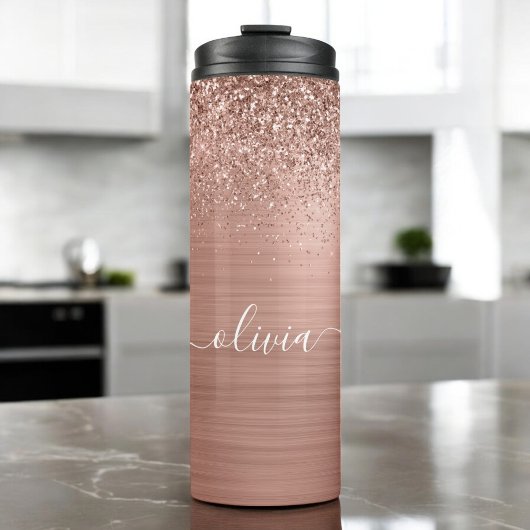 Glittermonogram geborsteld metaal Roos Gold Pink Thermosbeker