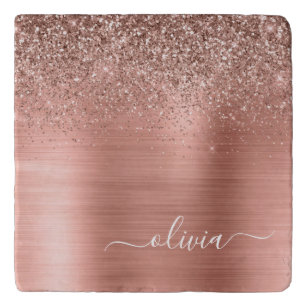 Glittermonogram geborsteld metaal Roos Gold Pink Trivet